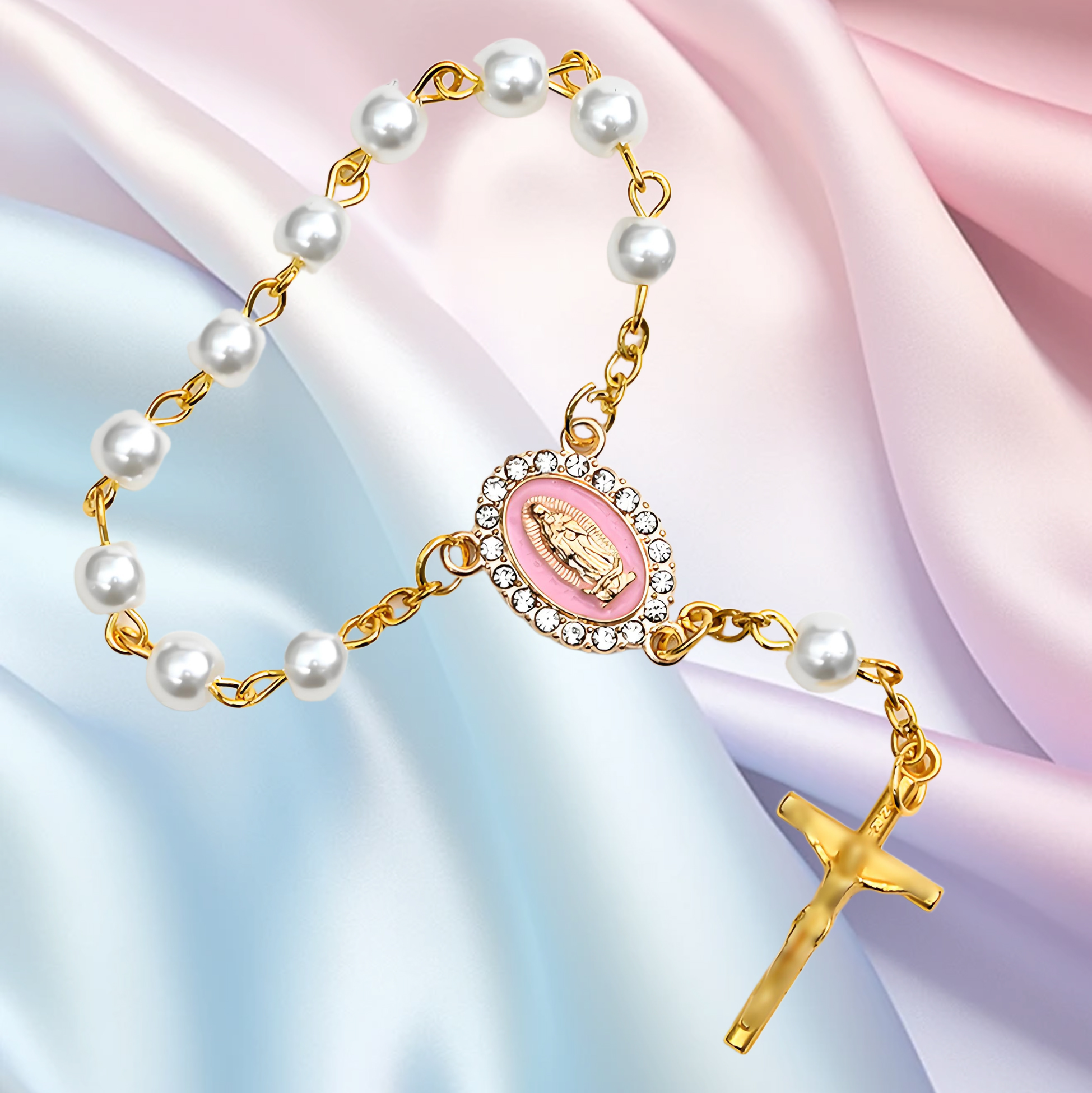 Pearl-Beaded Rosary Bracelet with Virgin Mary & Cross