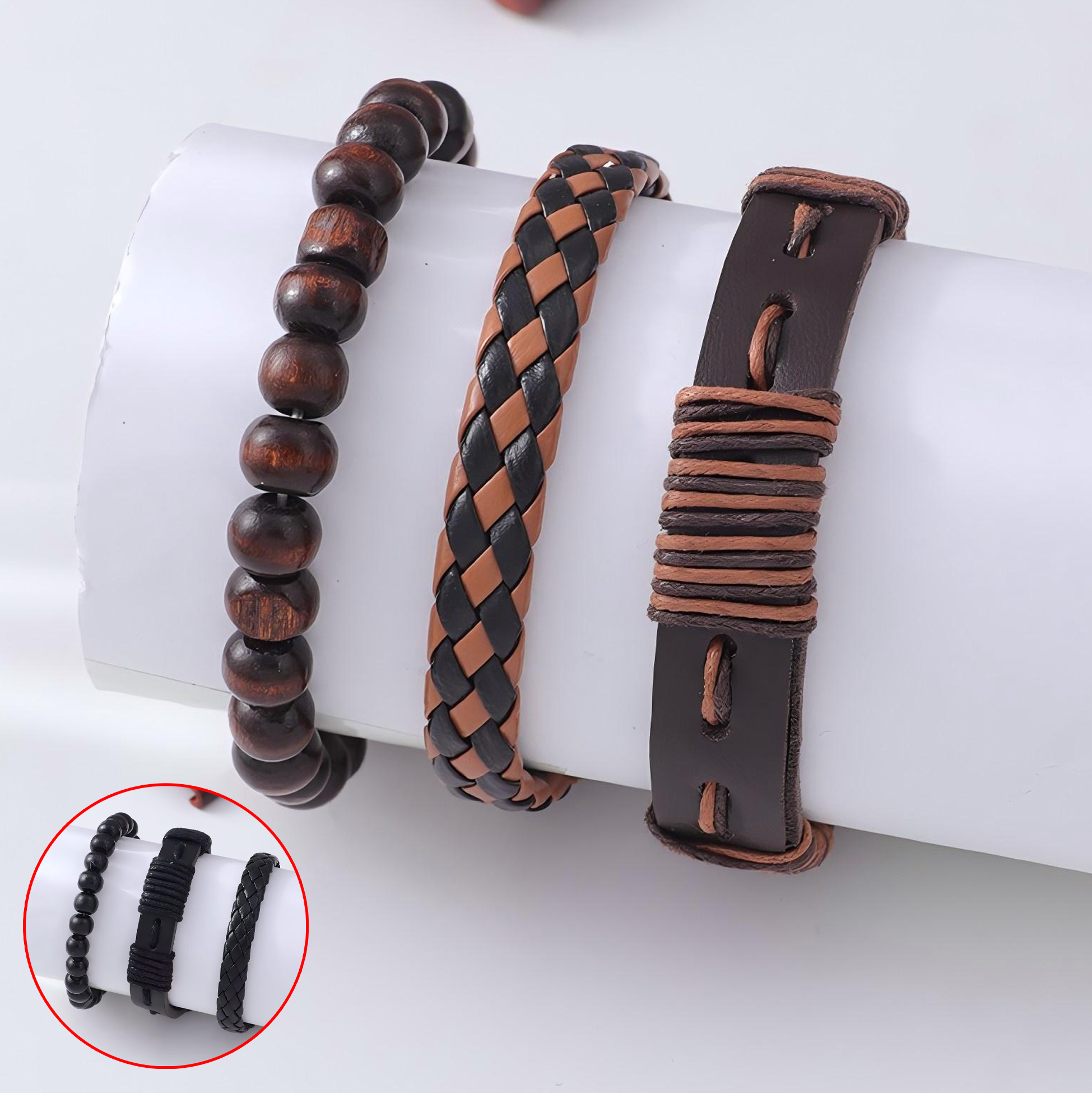 PU & Wood Bead Bracelet Set