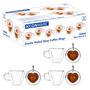 6 Pcs Double-Wall Heart-themed Glass Coffee Mugs