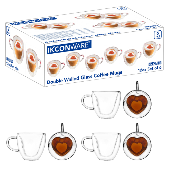 6 Pcs Double-Wall Heart-themed Glass Coffee Mugs