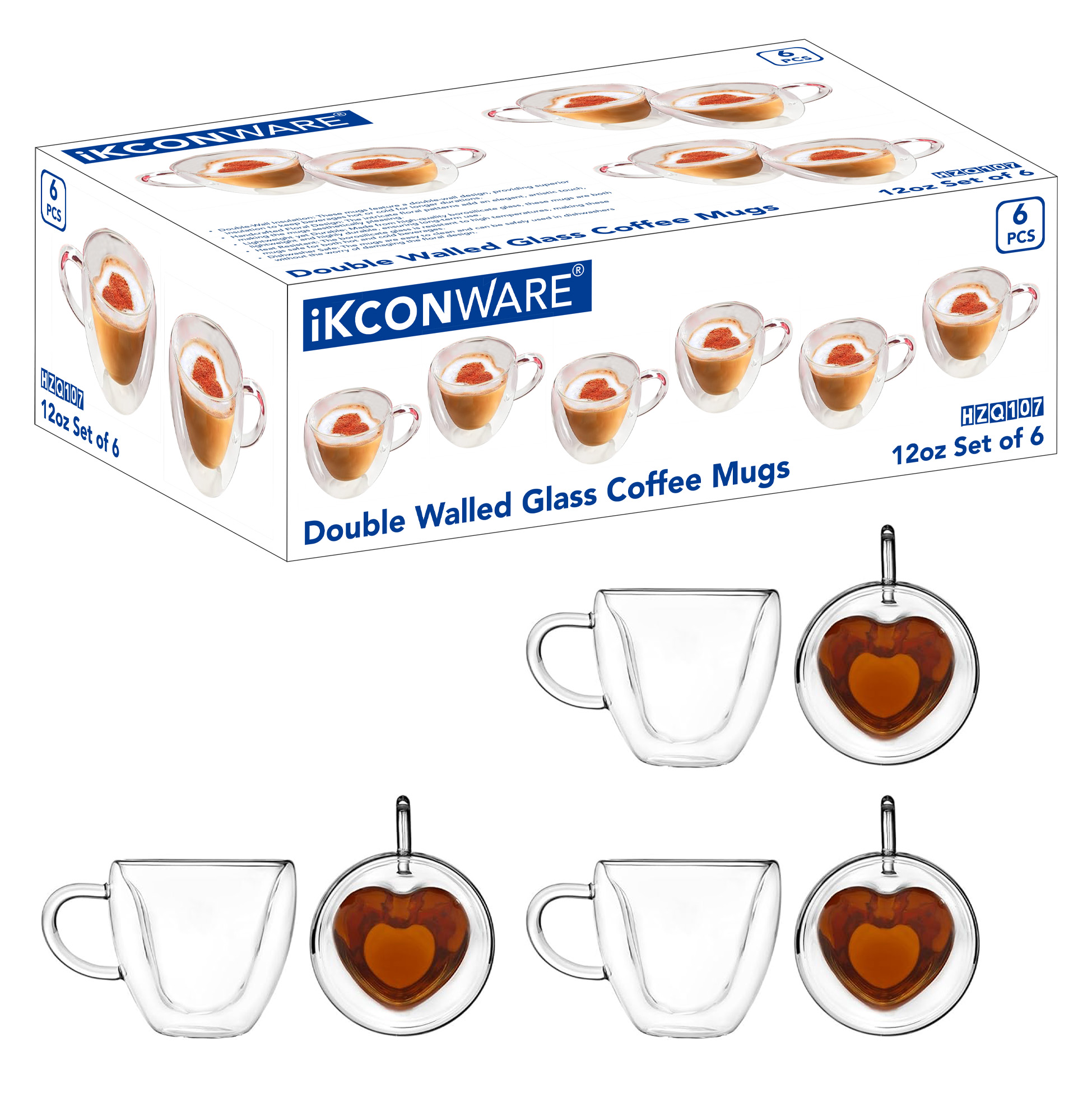 6 Pcs Double-Wall Heart-themed Glass Coffee Mugs