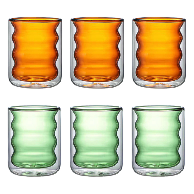 6 Pcs Double Walled Wavy Glass Cup