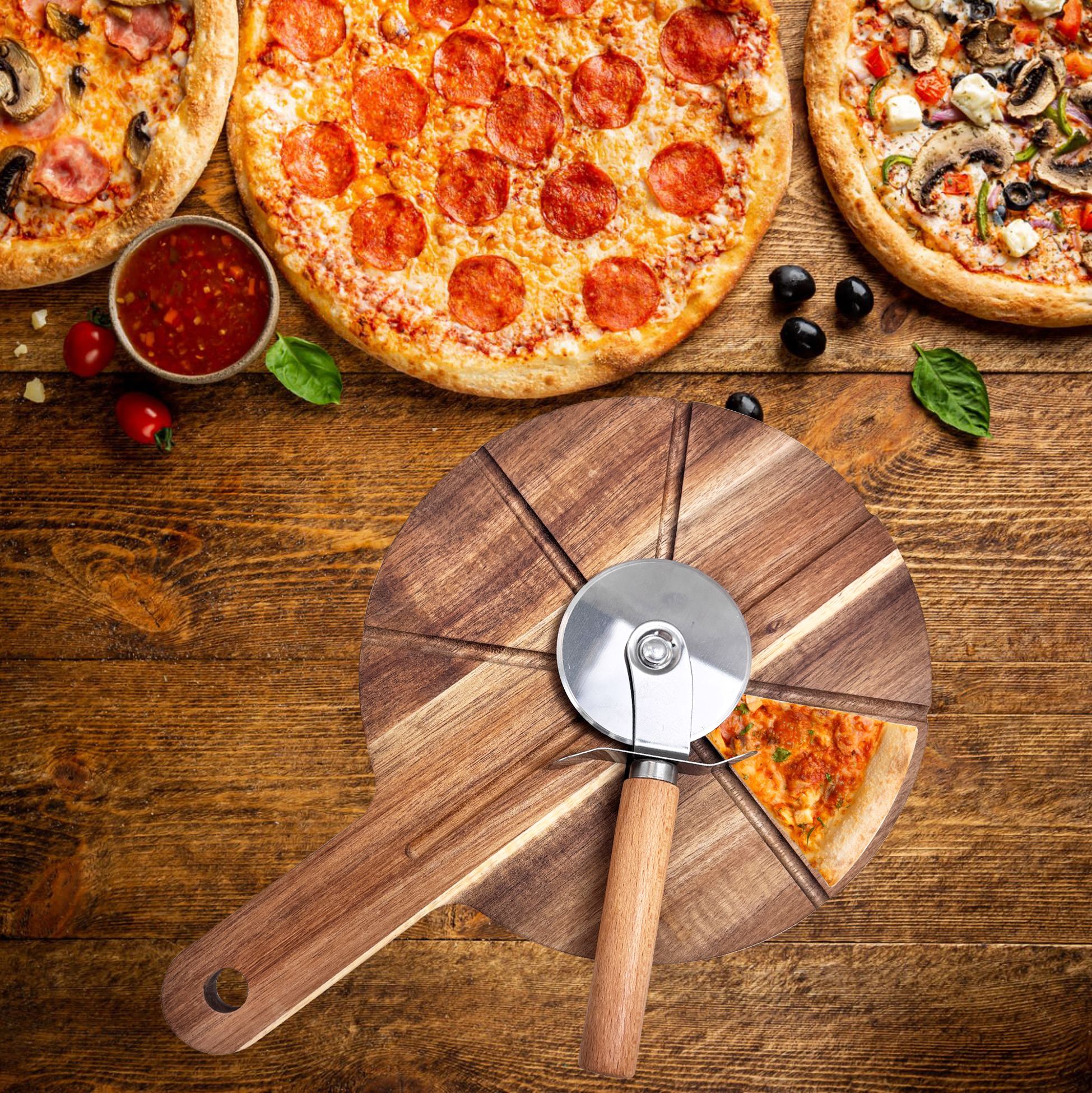 Wooden Pizza Board And Cutter Set