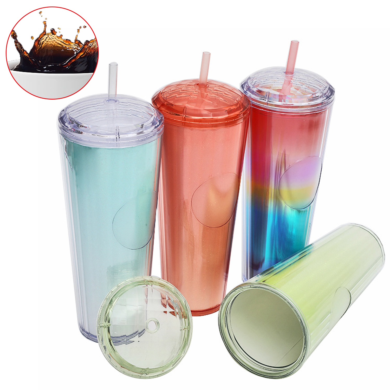 24oz Blush Pink Summer Cold Coffee Kaleidoscope Cup Double Wall Iridescent Dome Tumbler Cup With Straw