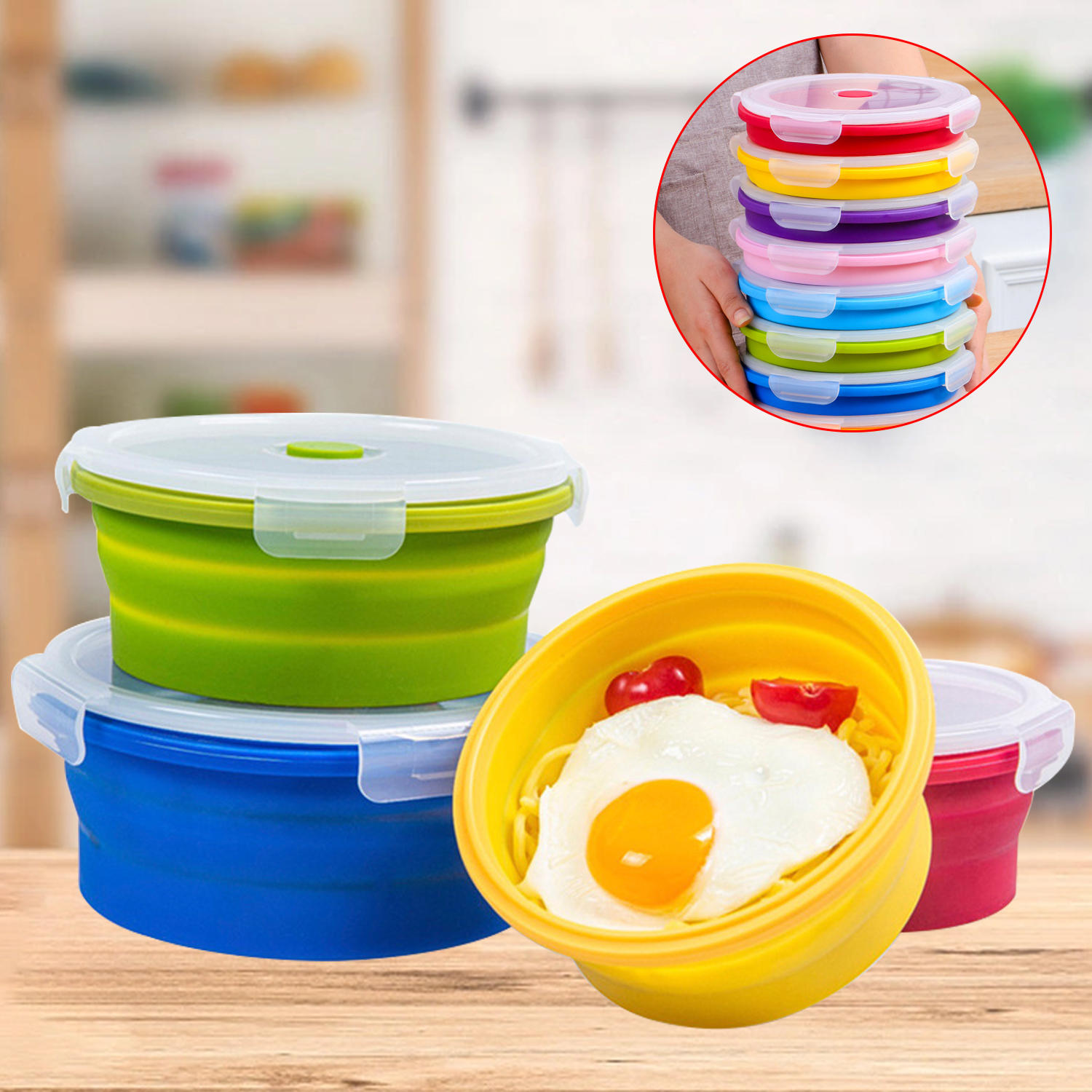 Silicone Folding Lunch Box With Lid 350ml 500ml 800ml 1200ml 4-piece 