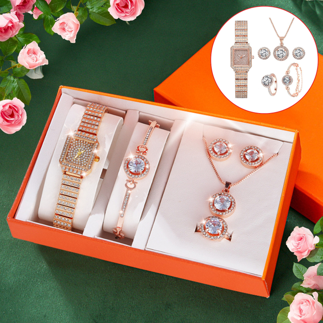 Luxury Watch For Women 6pcs Jewelry Set Bracelet Necklace Earrings Rings Box Gift Set 