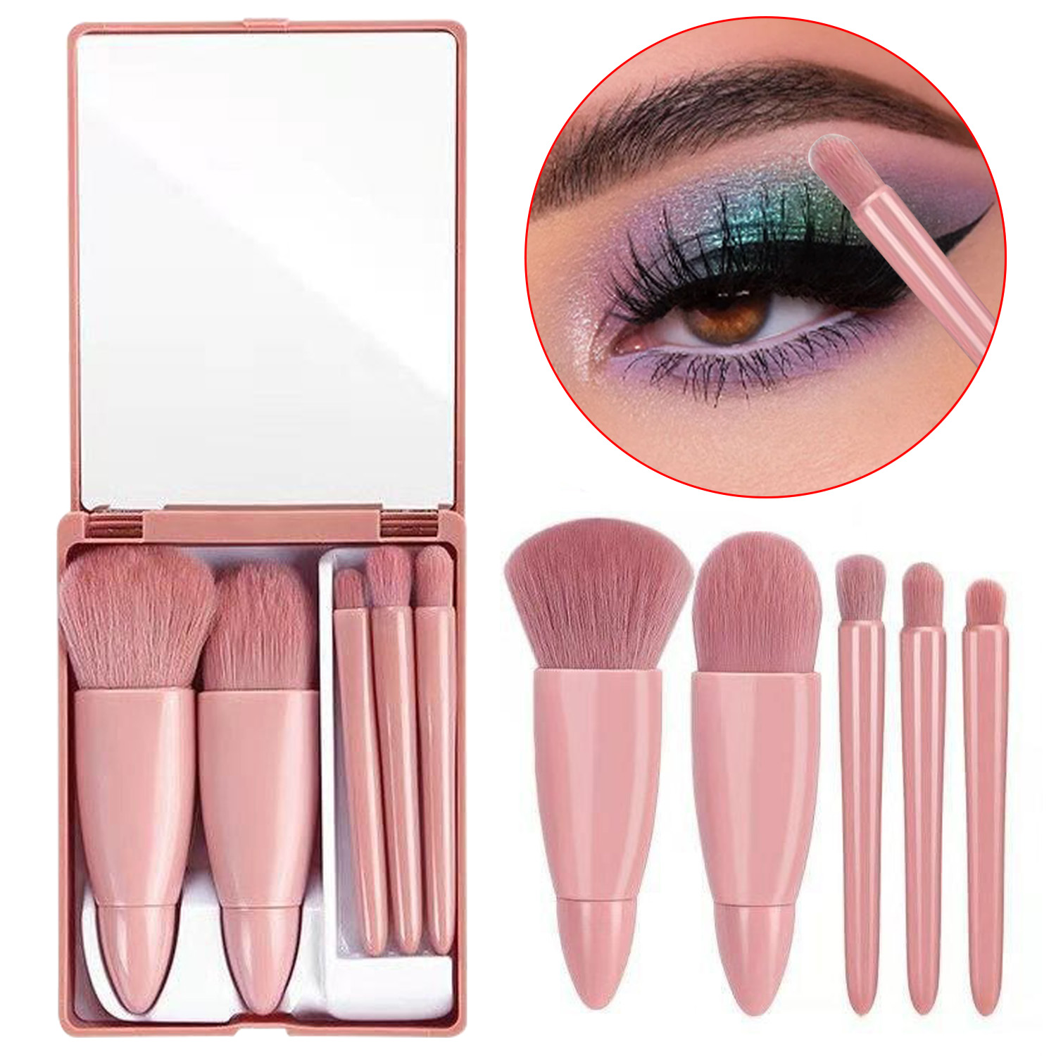 Short Handle Makeup Brush Set Synthetic Kabuki Powder Blush Contour Foundation Concealer Eyeshadow Brushes with Mirror