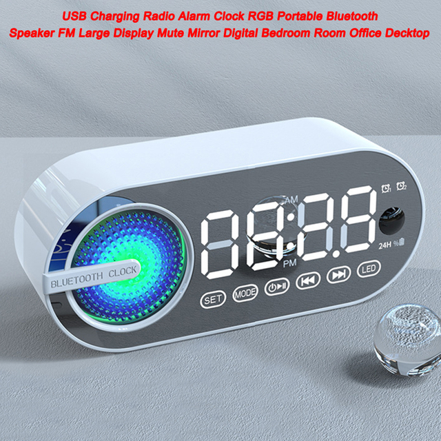USB Charging Radio Alarm Clock RGB Portable Bluetooth Speaker FM Large Display Mute Mirror Digital Bedroom Room Office Decktop
