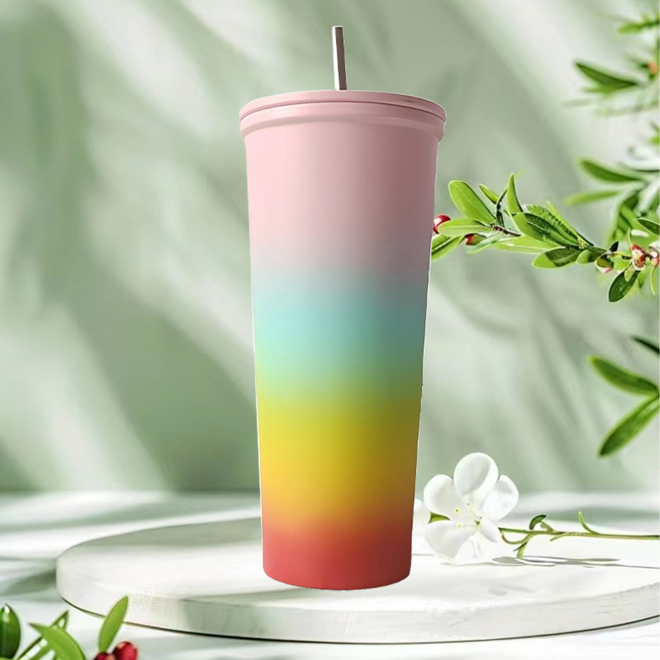 4-Piece Set 750ml Double-Walled Plastic Straw Cup with Gradient Colors