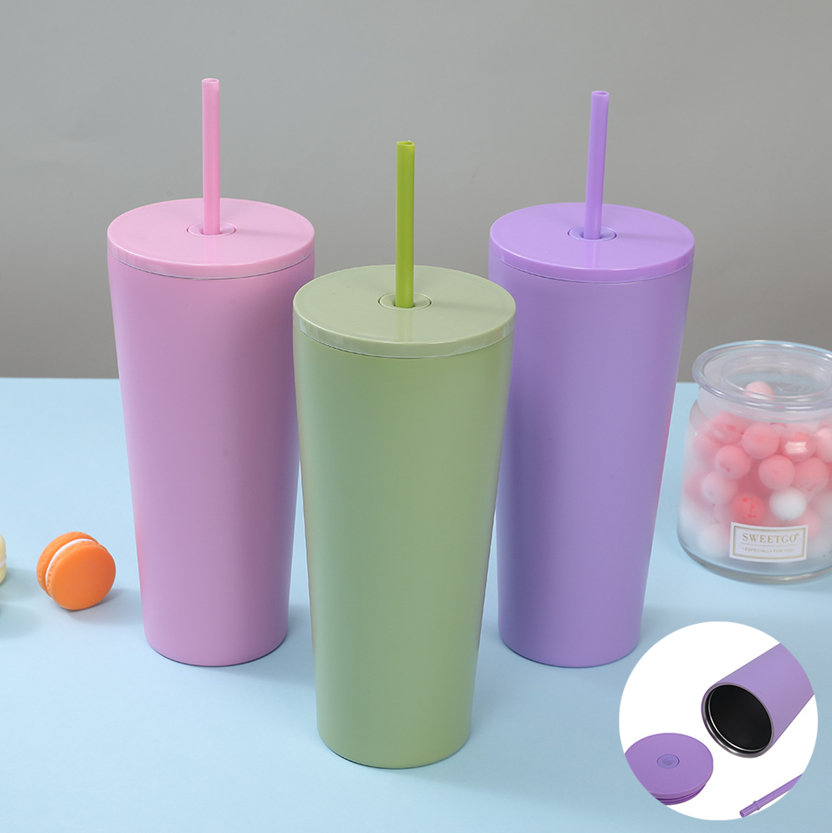 4-Piece Set 750ml Plastic Straw Tumbler