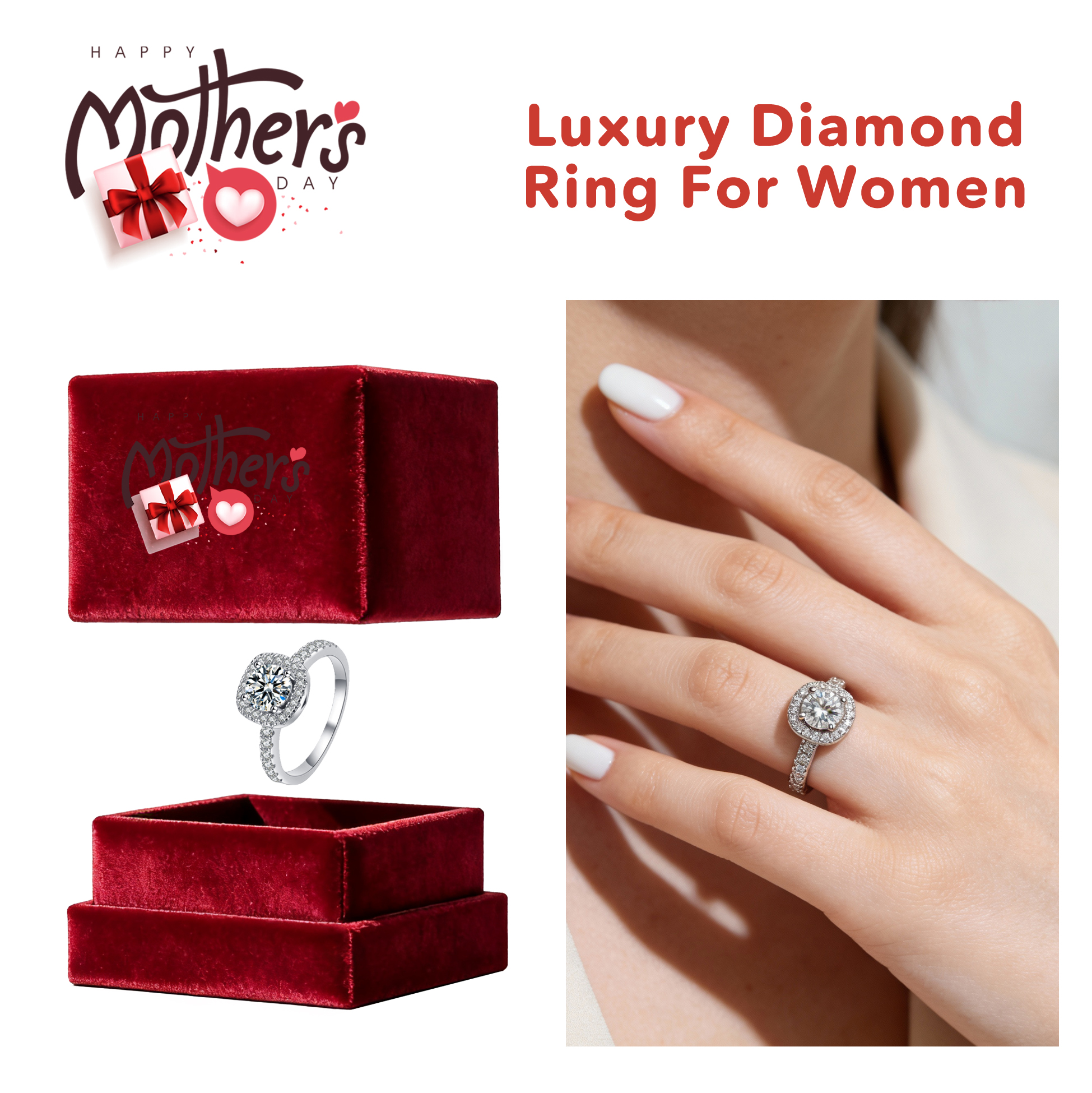 Mother's Day Halo Diamond Ring Luxury Cushion-cut Diamond Ring