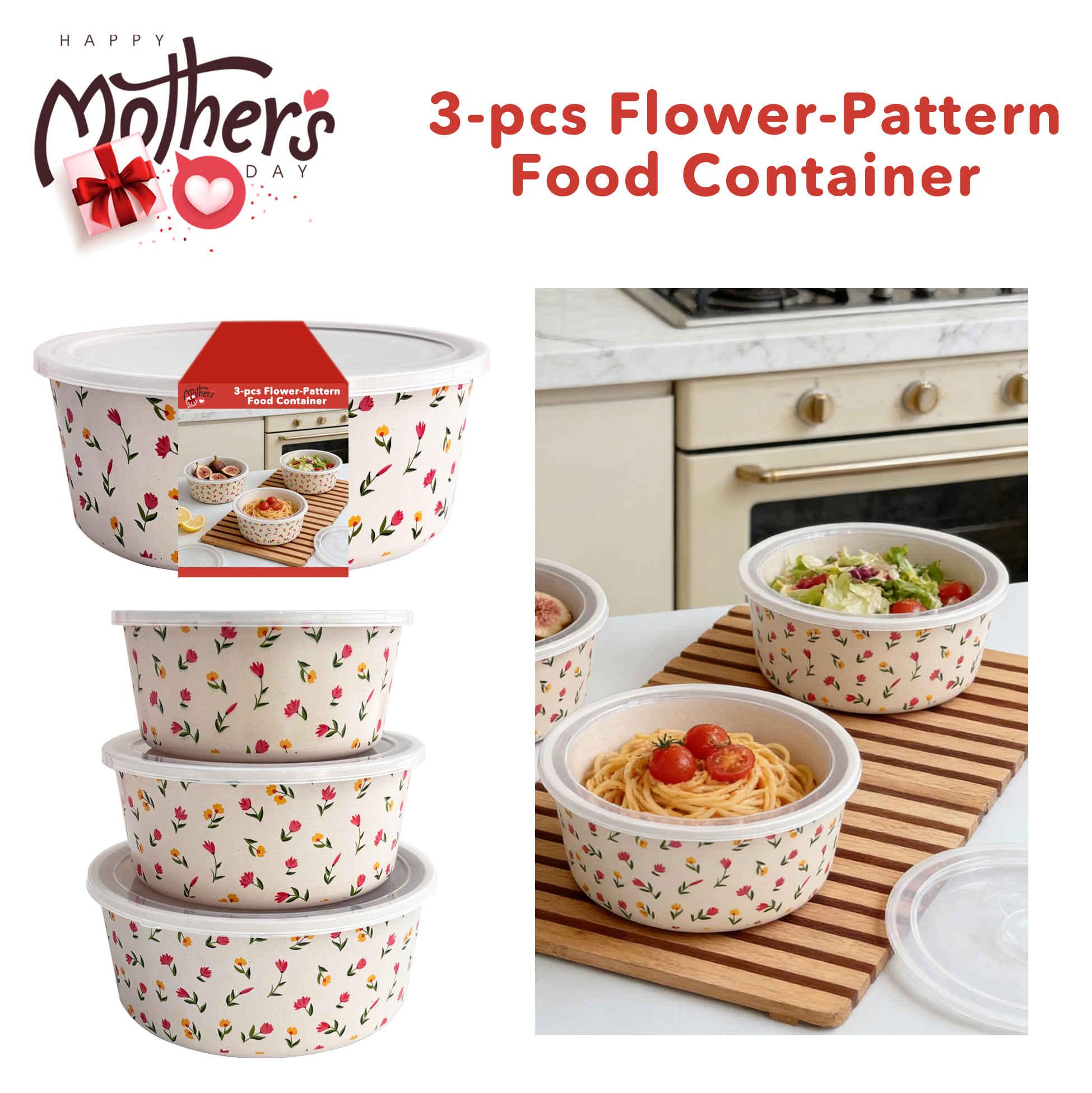 Mother's Day 3-pcs Floral Food Container Set