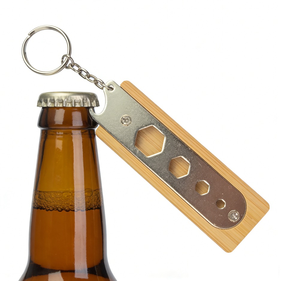 Bamboo Handle Multi-tool Keychain Bottle Opener Keyring