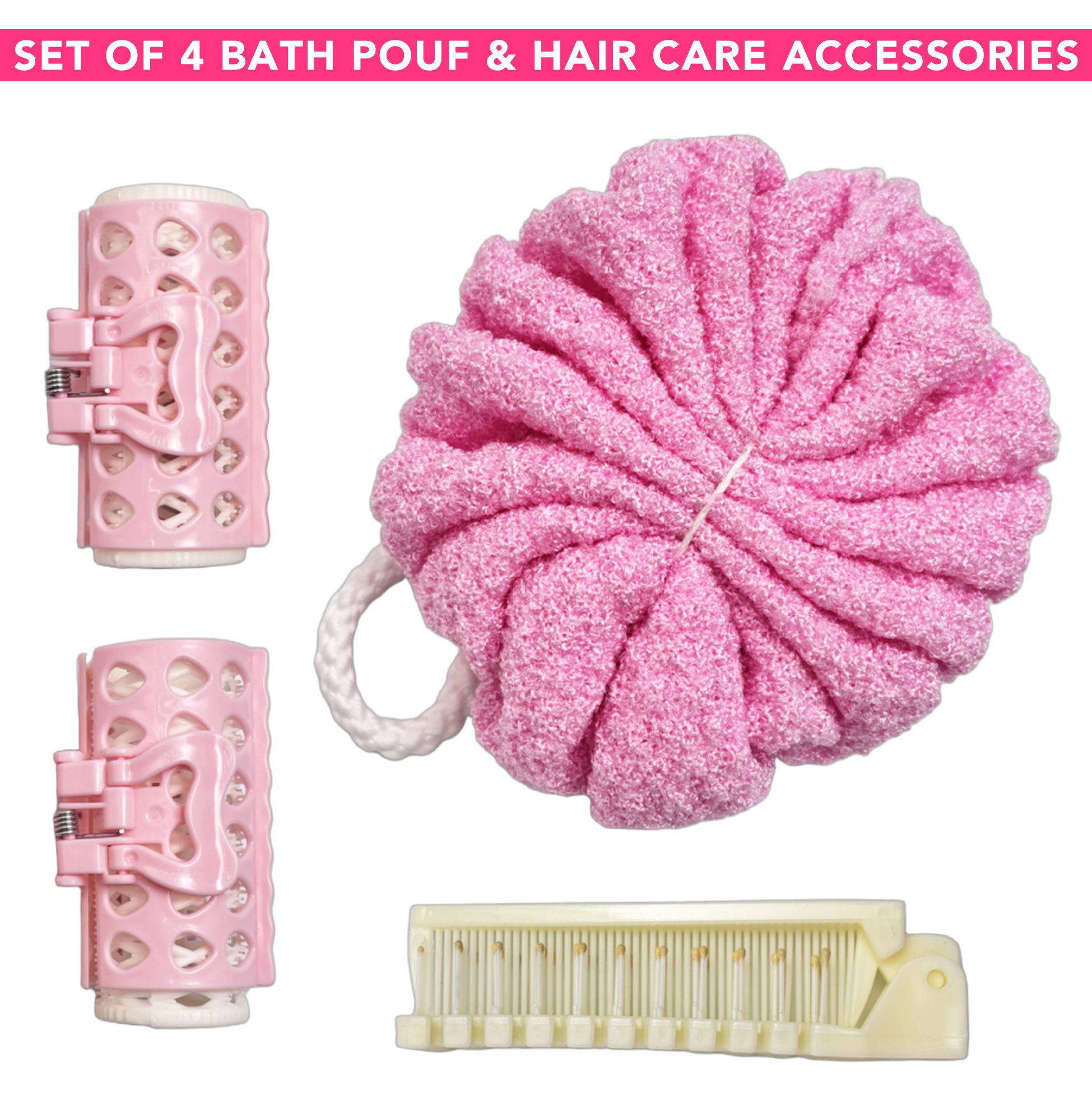 Set of 4 Bath Pouf & Hair Care Accessories
