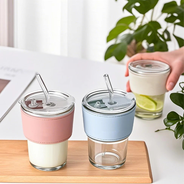 400ML Amber Glass Cup with Leather Sleeve Reusable Glass Tumbler with Straw