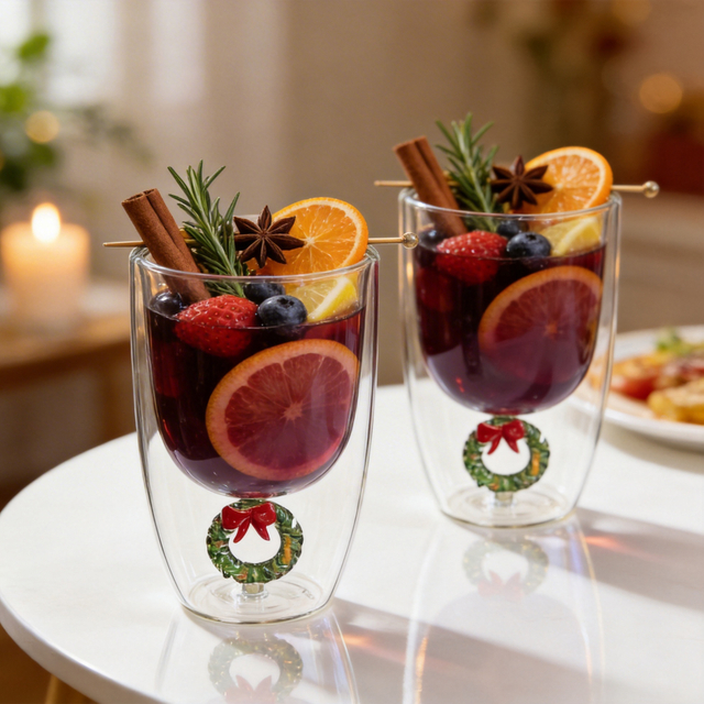 Set of 2 300ml Christmas Wreath Double Wall Glass Cup