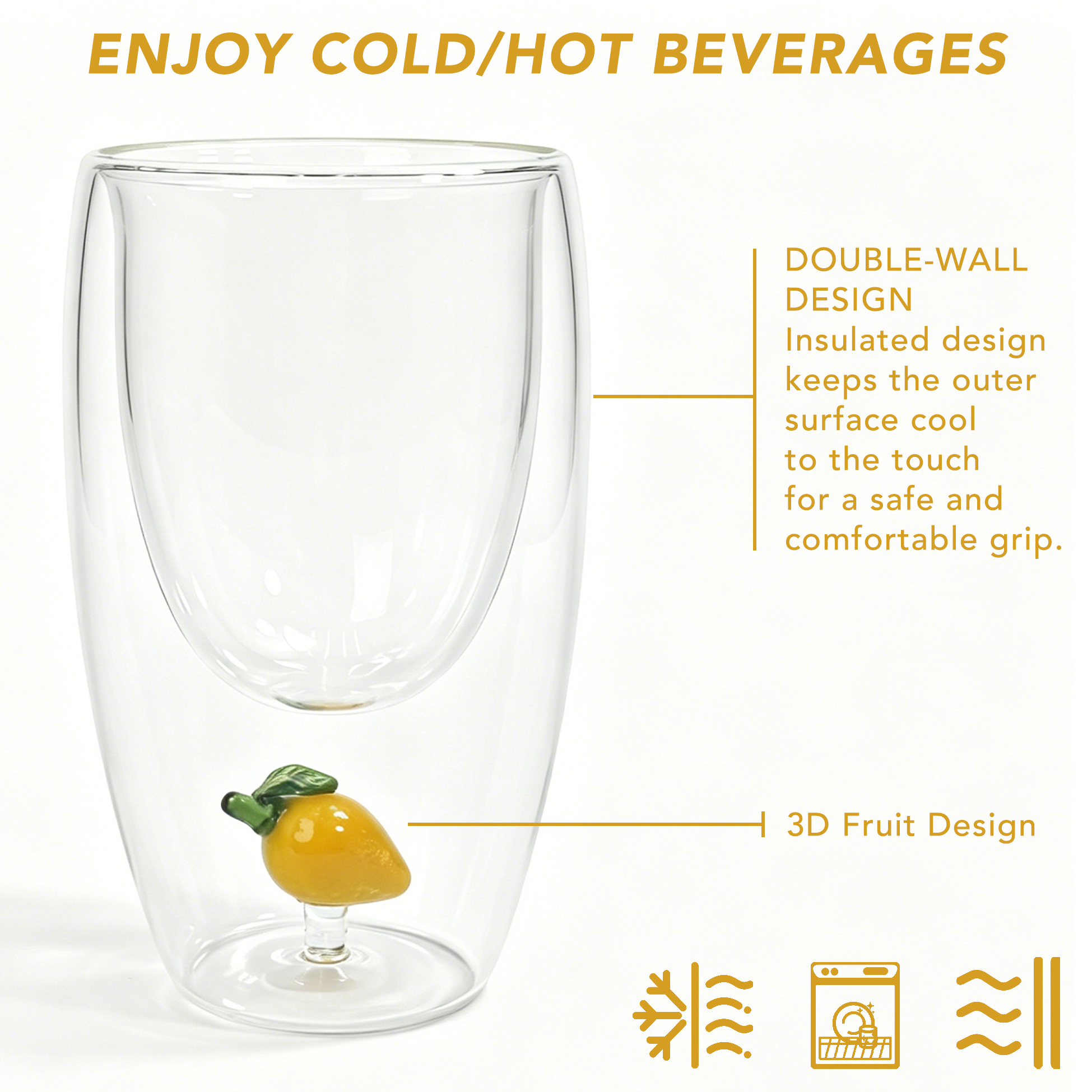 Set of 2 300ml Lemon Double Wall Glass Cup