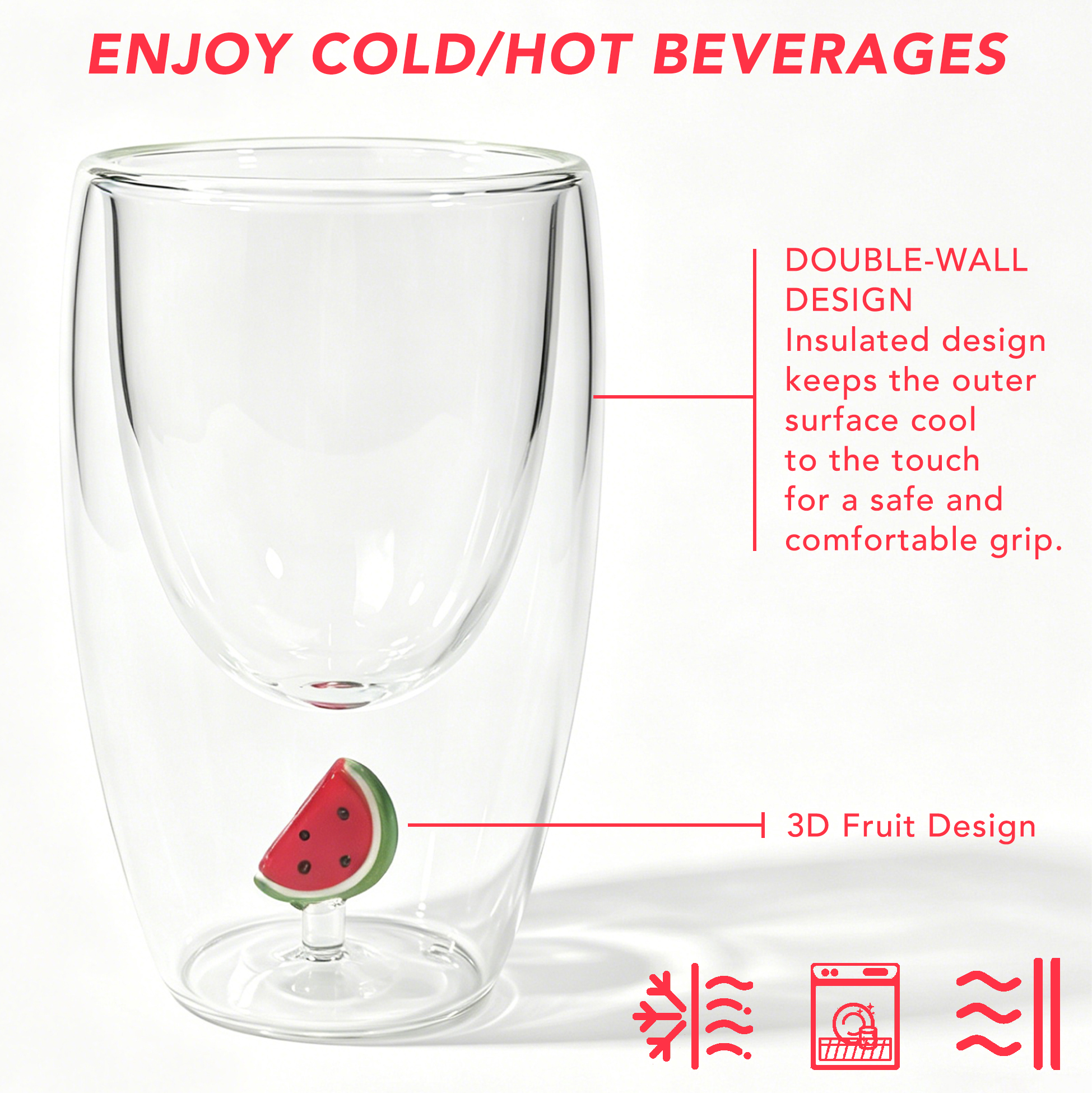 Set of 2 300ml Watermelon Double Wall Glass Cup