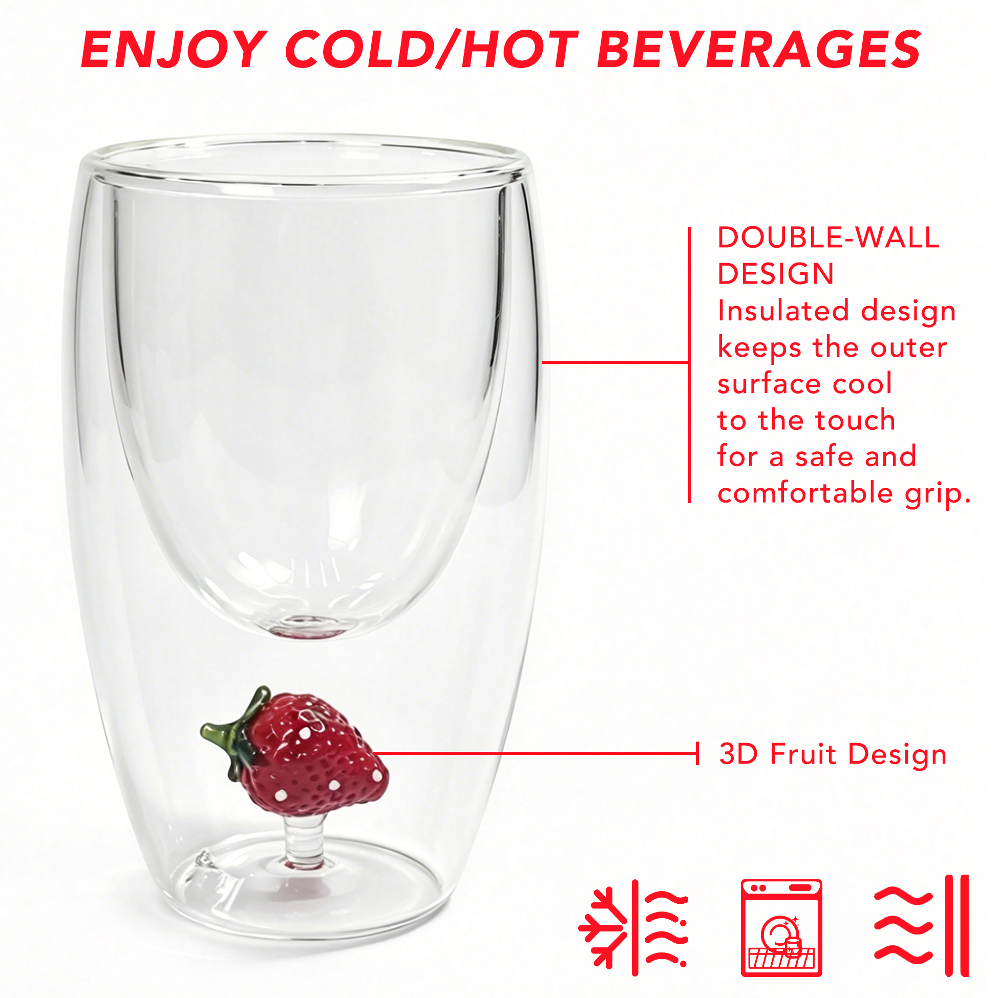 Set of 2 300ml Strawberry Double Wall Glass Cups