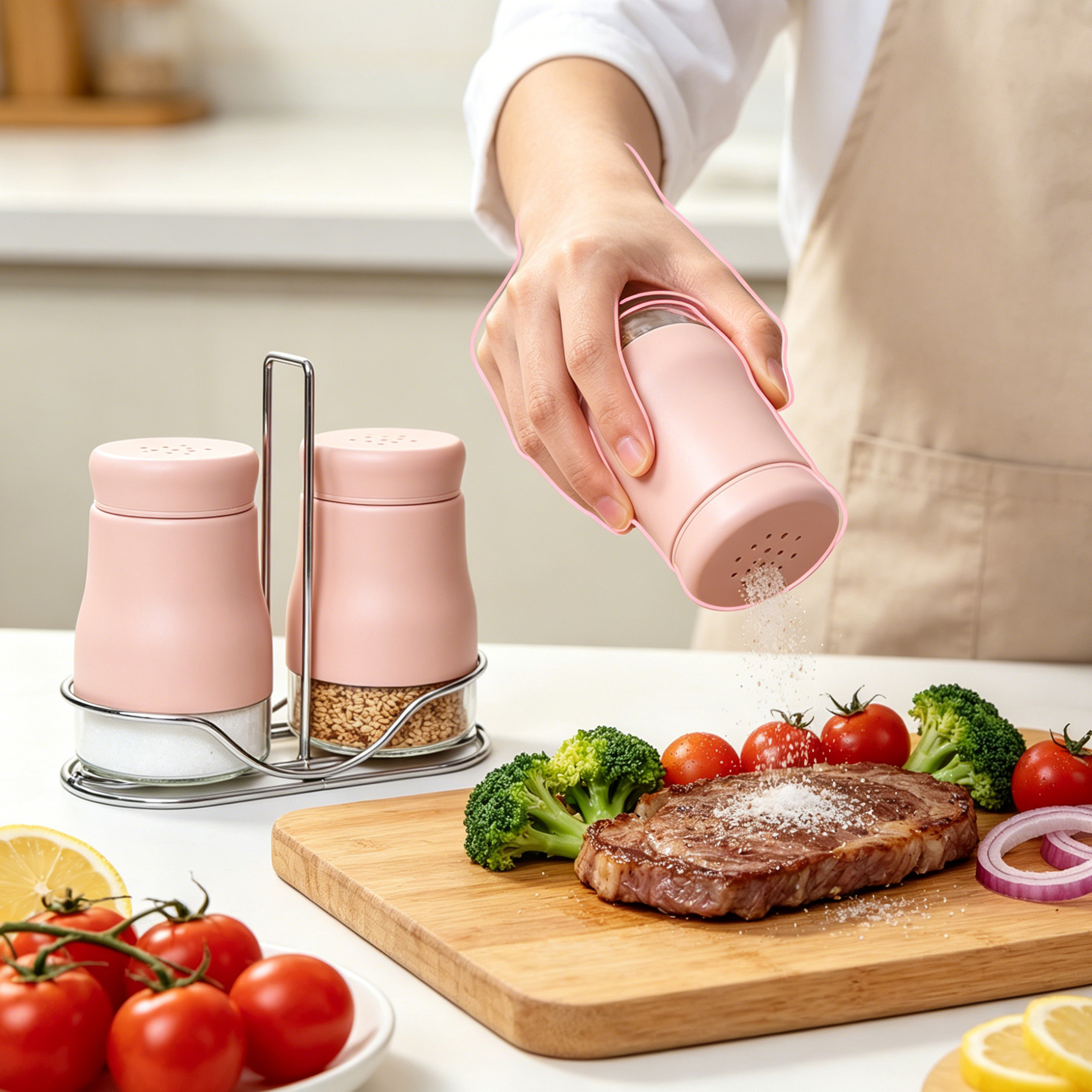 Pink Salt And Pepper Shakers Set with Metal Stand