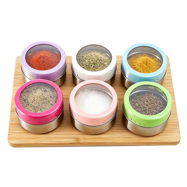 6 Pack Magnetic Spice Jars with Bamboo Base