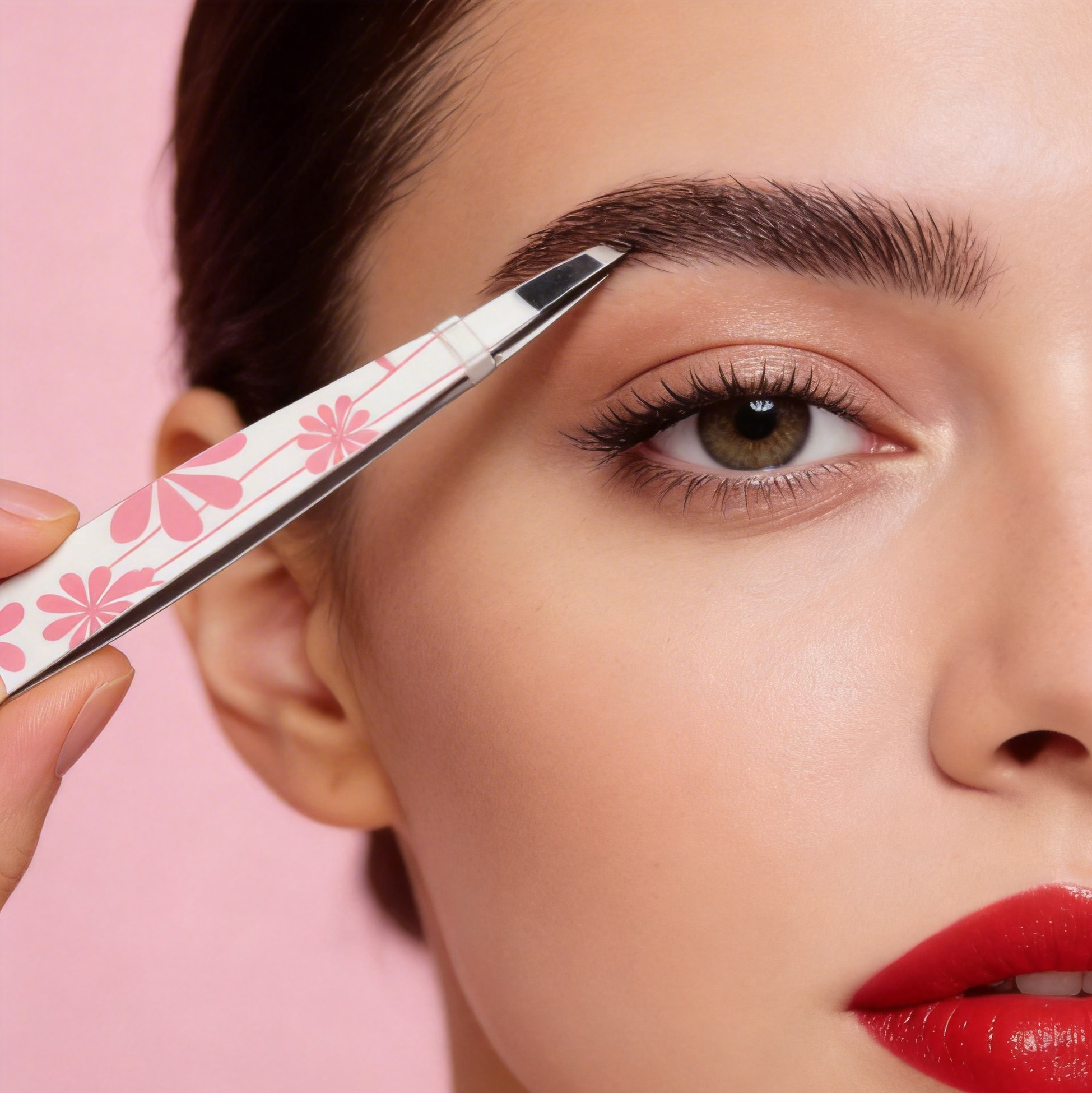 Floral Print Slant Tweezer Pink Eyebrow Tweezer