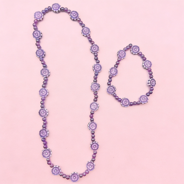 Kids Purple Daisy Flower Beaded Necklace And Bracelet Set