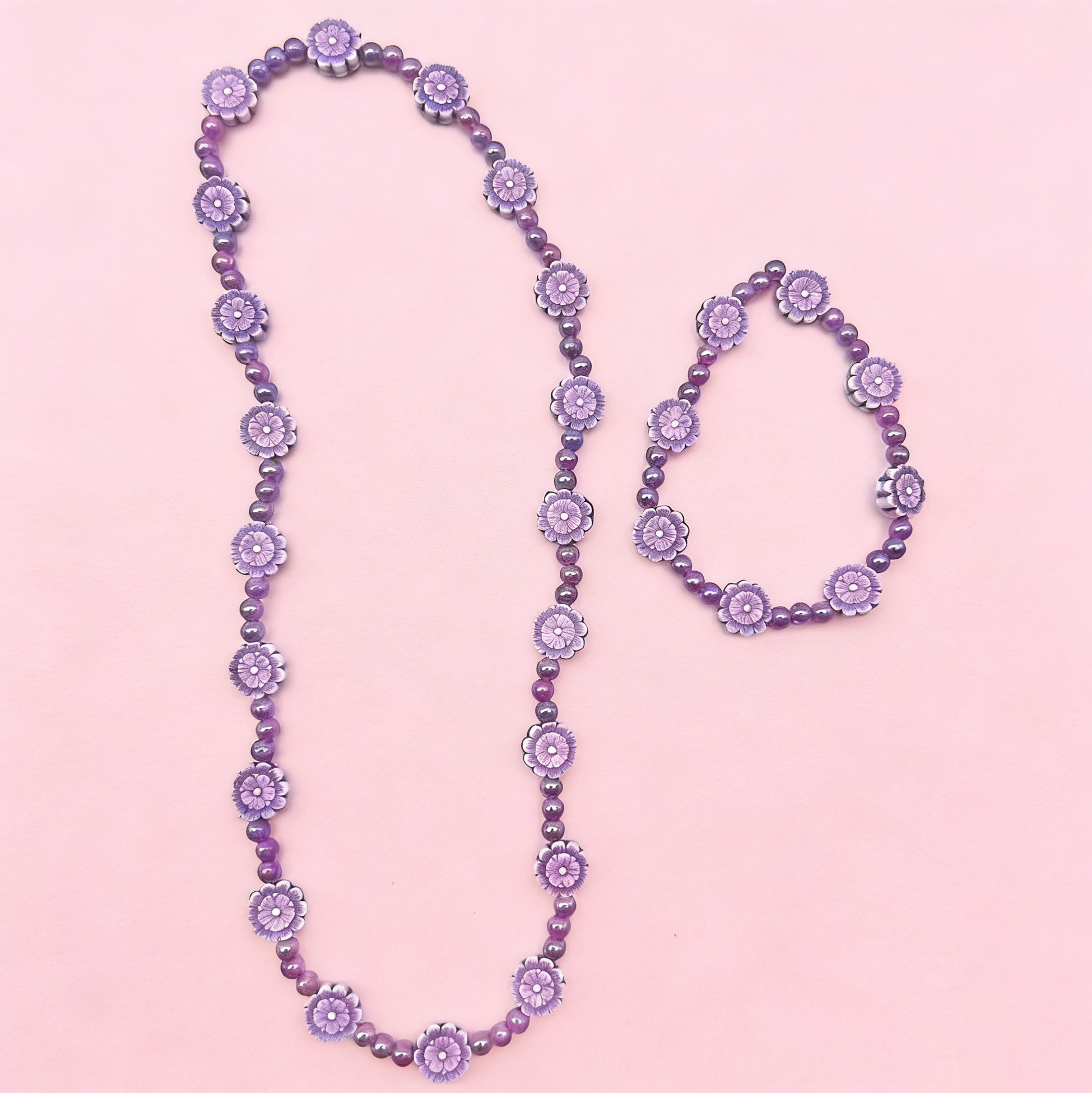 Kids Purple Daisy Flower Beaded Necklace And Bracelet Set