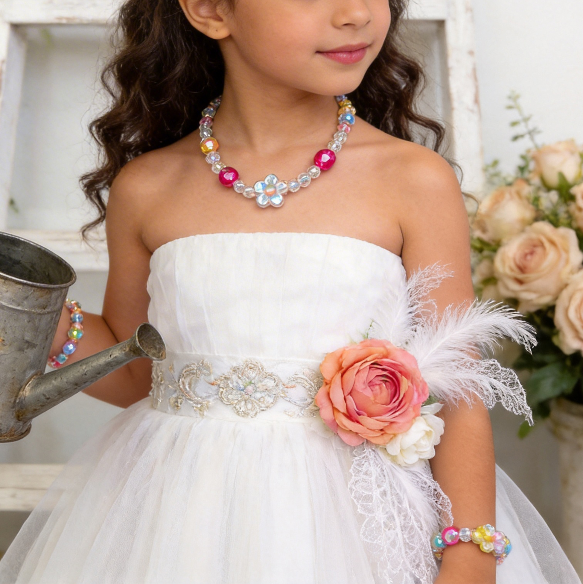 Kids Flower Beaded Necklace And Bracelet Set