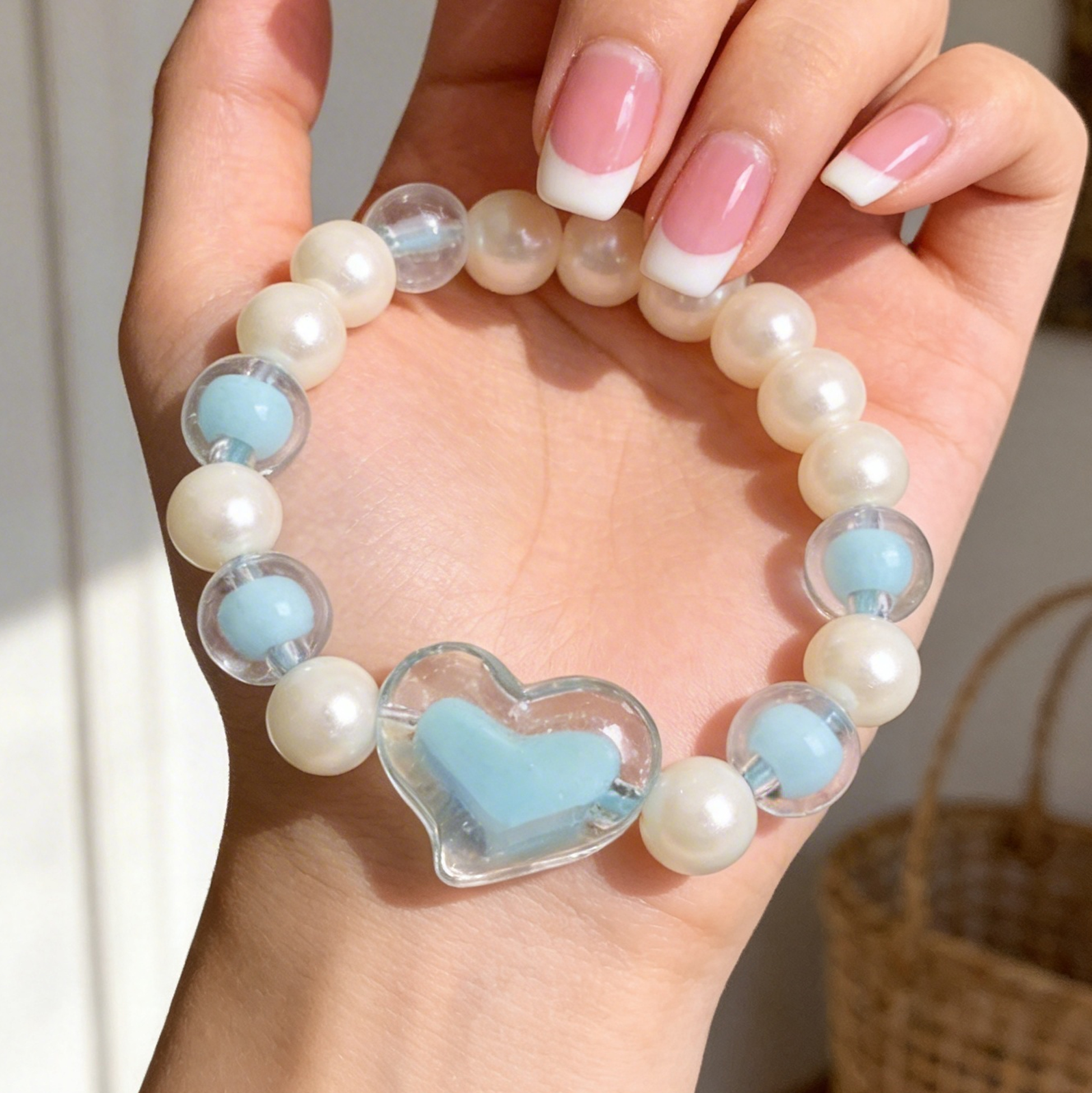 Kids Blue Heart Faux Pearl Beaded Bracelet