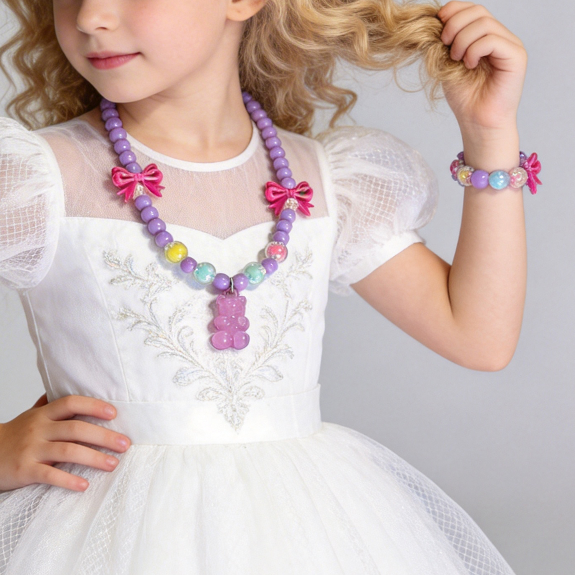 Kids Purple Gummy Bear Beaded Necklace And Bracelet Set