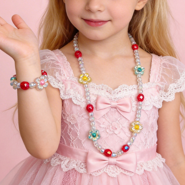 Kids Iridescent Flower Beaded Necklace And Bracelet Set
