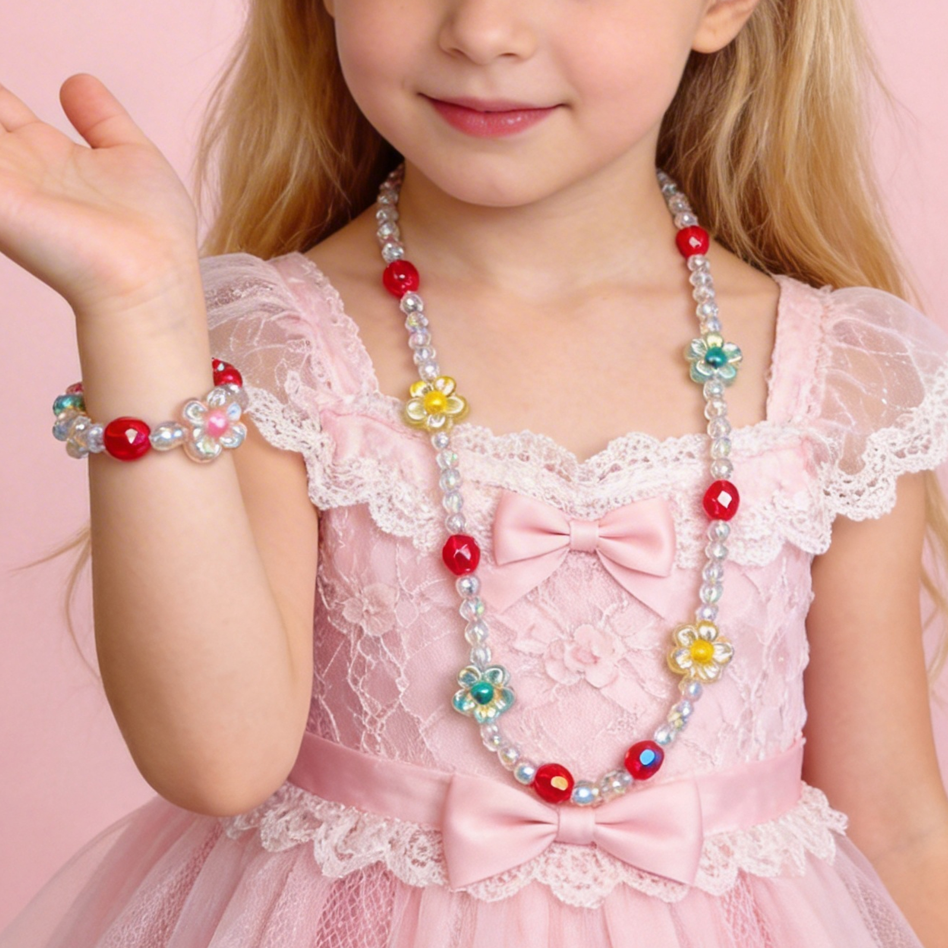 Kids Iridescent Flower Beaded Necklace And Bracelet Set