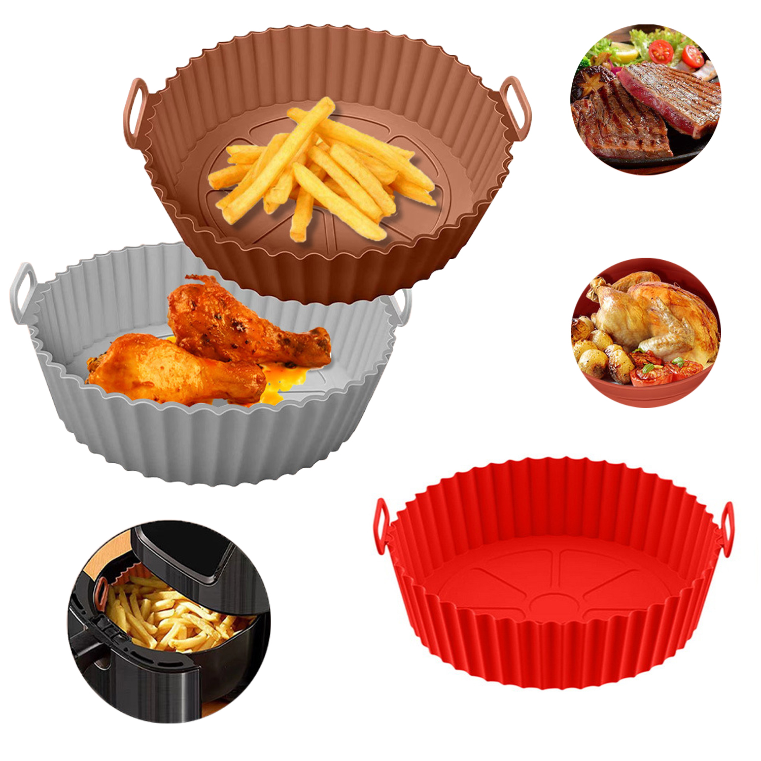 Air Frying Pan Silicone Basket Bowl Reusable Baking Pan Set of 5 Pieces, Pairs Silicone Oven Mitts, Silicone Pastry Brush for Oil Butter