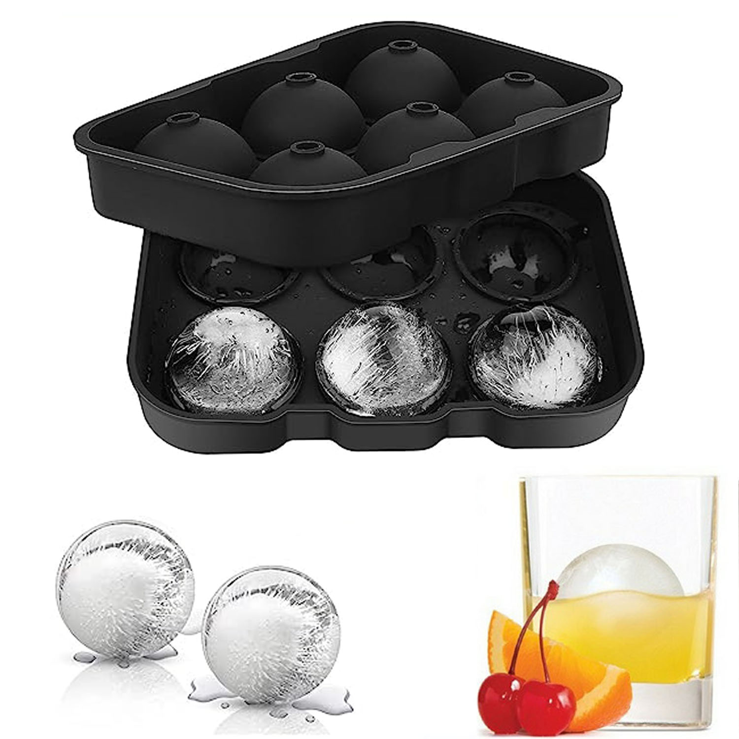 6 Balls Square Spherical Whiskey Ice Cubes Molded Silicone Ice Tray for Whiskey Ice and Cocktails, Food Grade Silicone, Reusable and BPA-Free