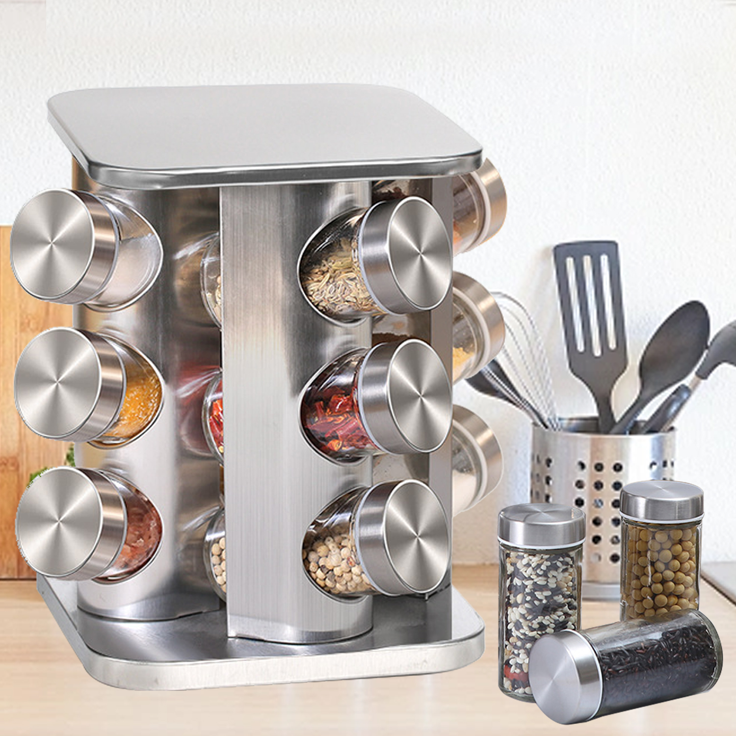 Stainless Steel Rotating Spice Organizer Rack Seasoning Bottle Jar Rack Moisture-proof Large Capacity 90ml Spice Jar With Rounded Square 360 Degrees Rotating Storage Rack Kitchen Gadget