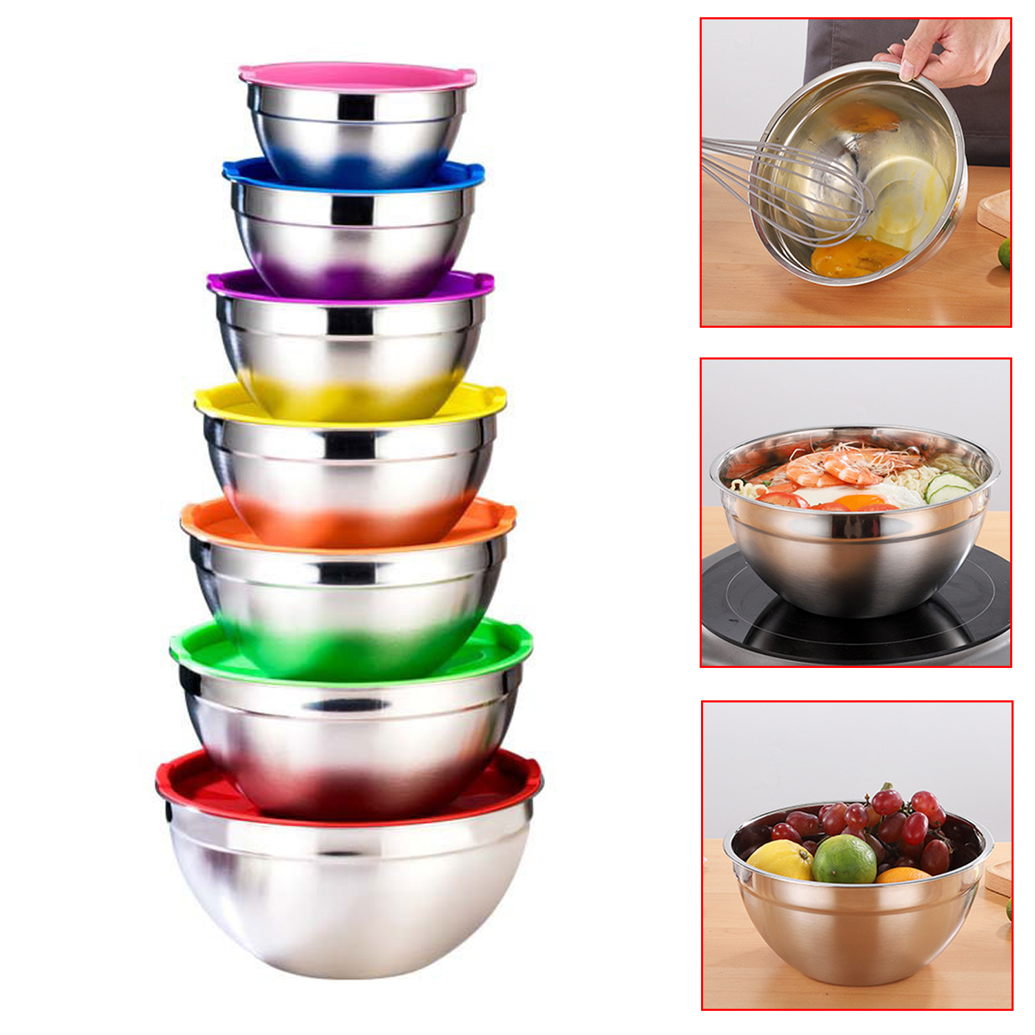 Colorful Stainless Steel Salad Bowl With Lid Kitchen Egg Mixing Bowls 7 Sizes Set For Cooking Baking