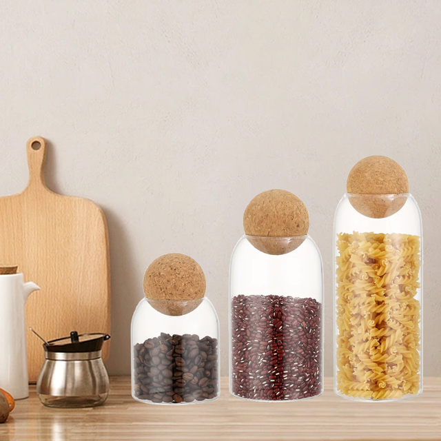 Transparent Storage Glass Jar Set With Round Cork Wooden Lid 500 ML 800ML 1000ML For Kitchen Food Storage Tank