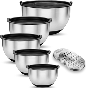 5-Piece Stainless Steel Salad Mixing Bowl Set with Black Opaque Lids And 3 Interchangeable Graters
