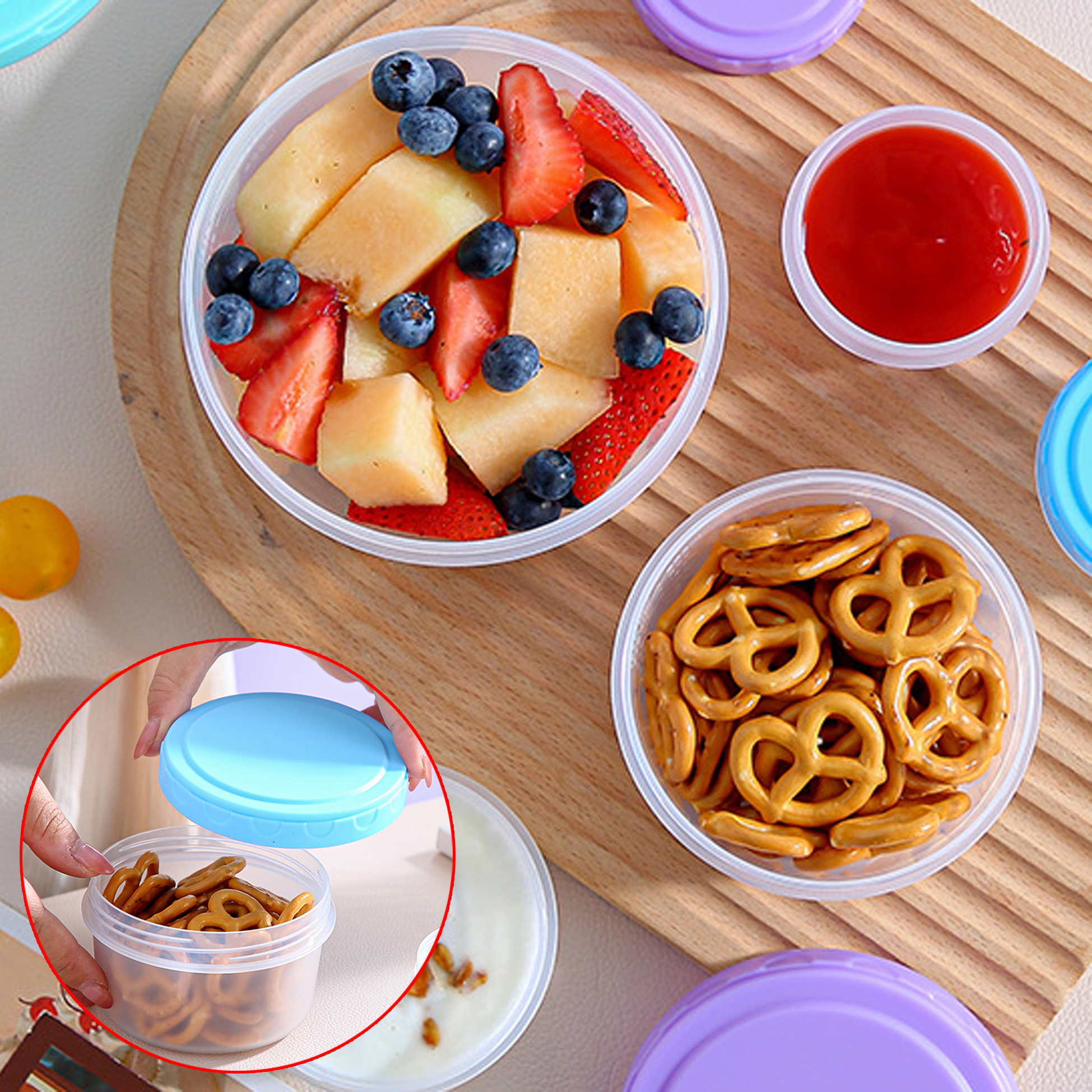 Round Plastic Food Storage Container with Pink Lid