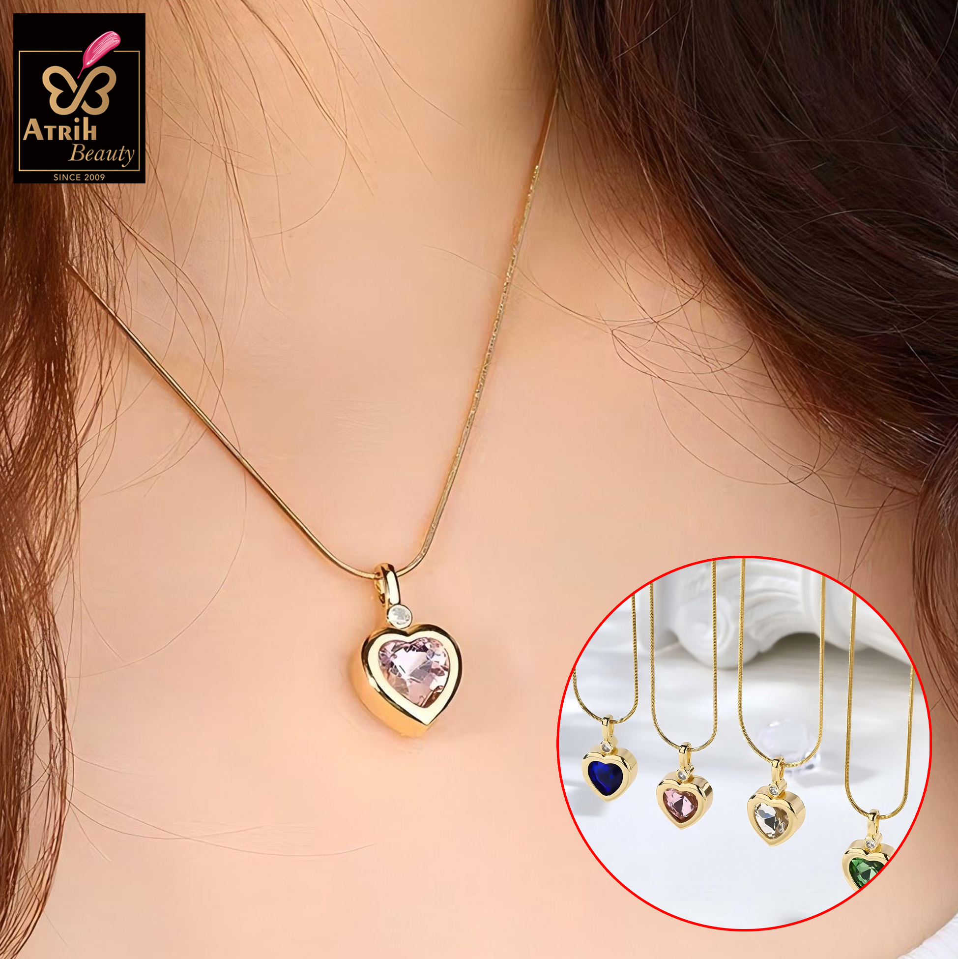 Golden Heart Shaped Pendant Necklace with Crystal Embellishment