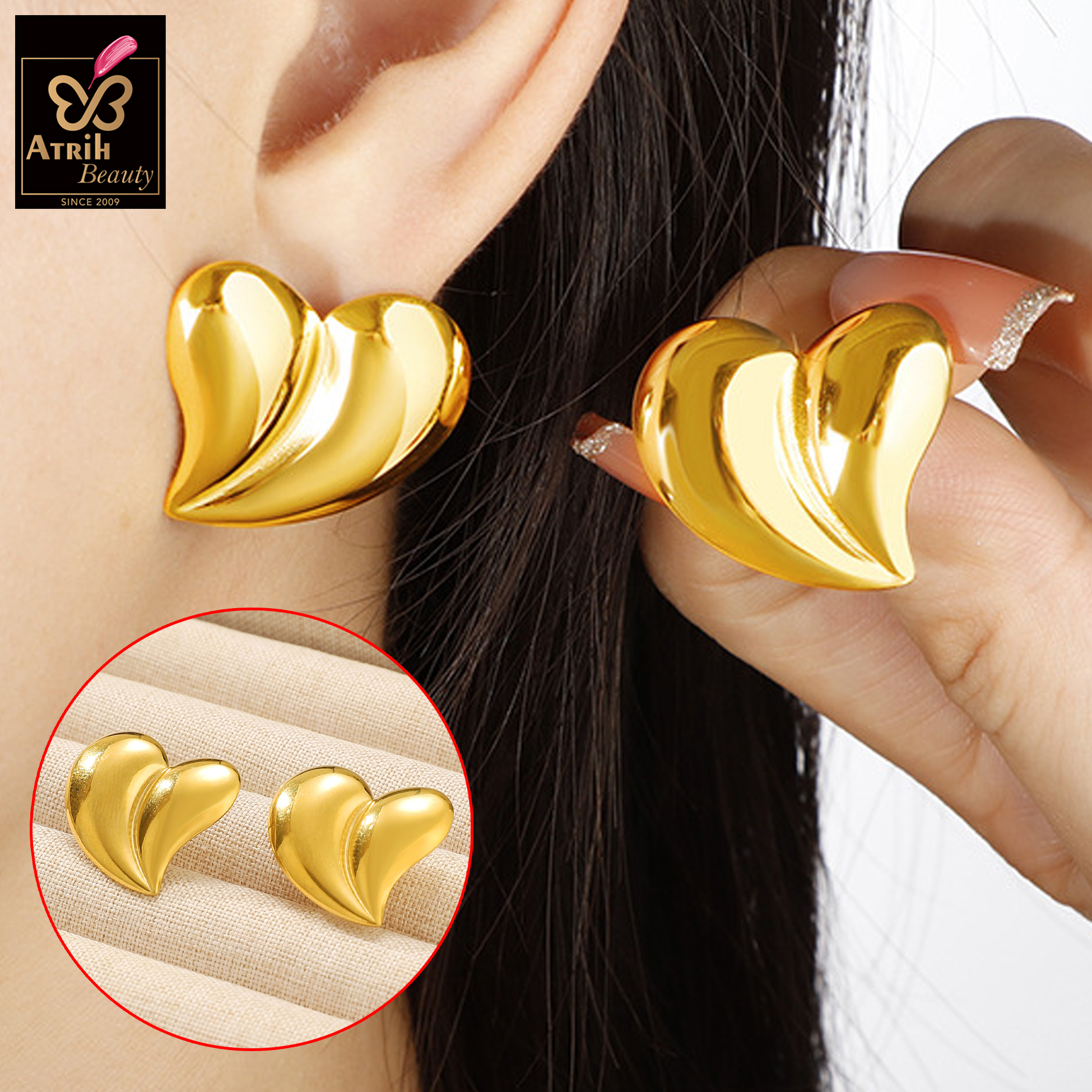 2 Piece Gold Plated Heart Shaped Stud Earrings 