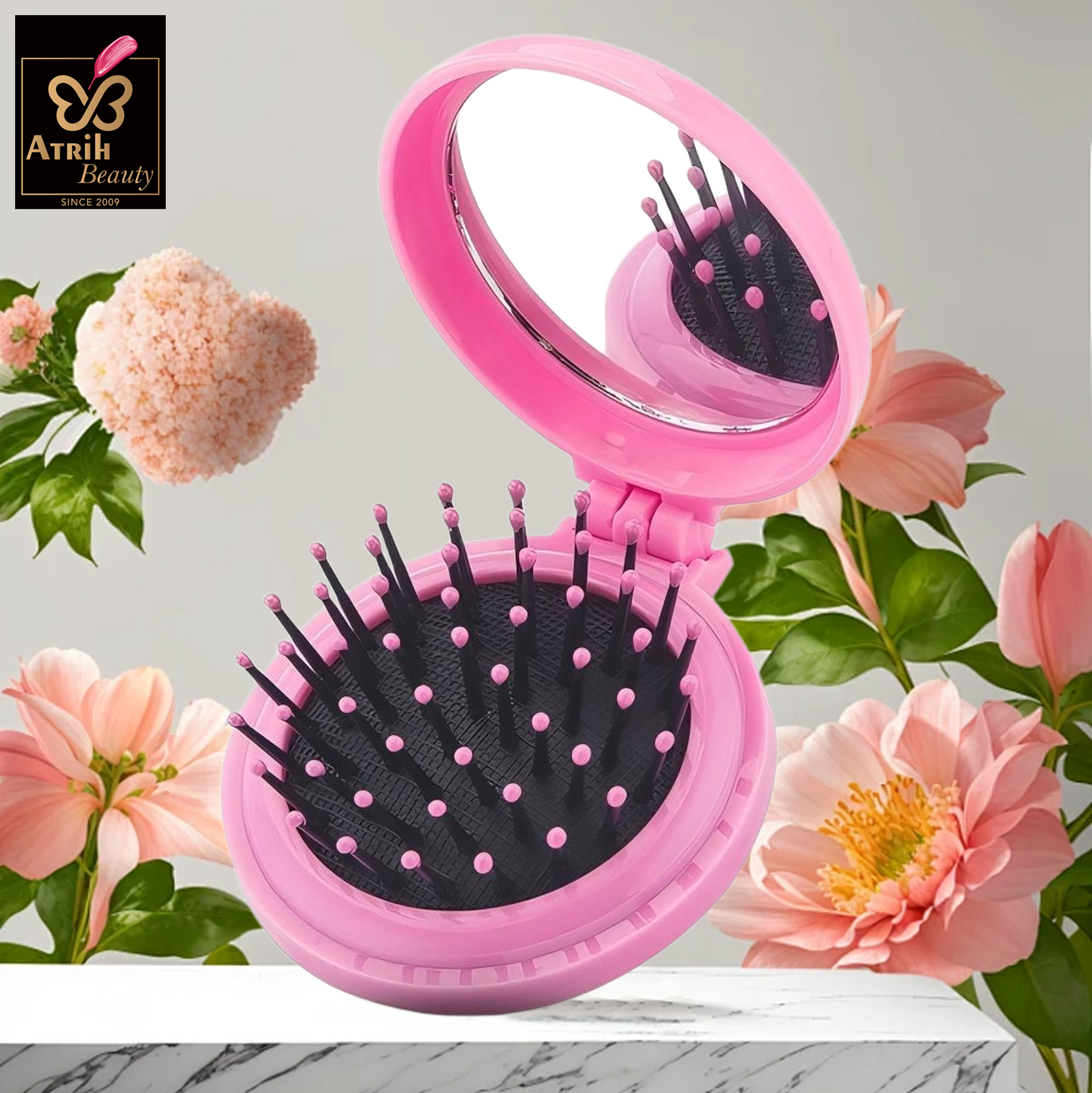  Pink Compact Hairbrush with Mirror 