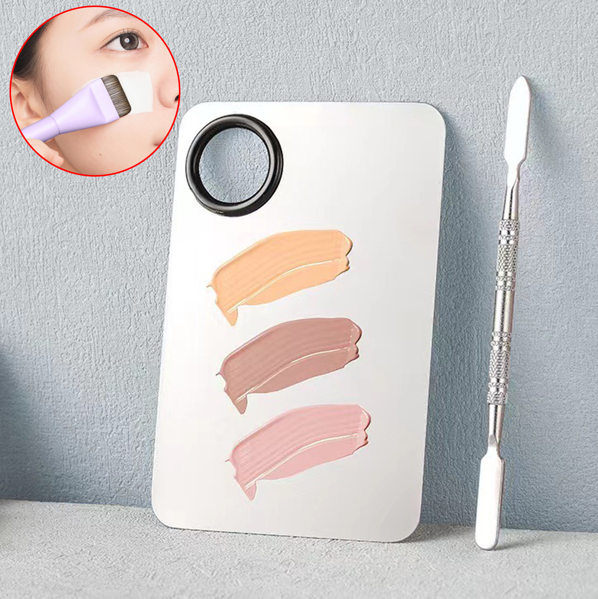 3 Piece Makeup Tool Set with Mixing Palette Spatula And Brush