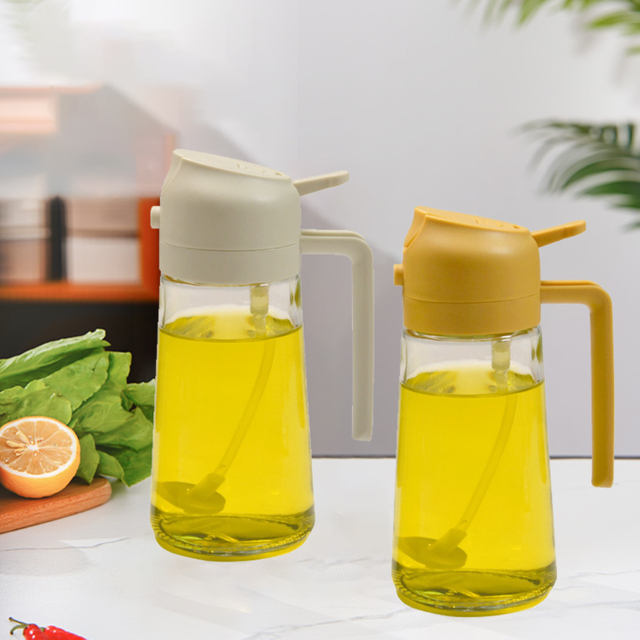 Glass Oil Dispenser Bottle with Green Plastic Lid And Spout