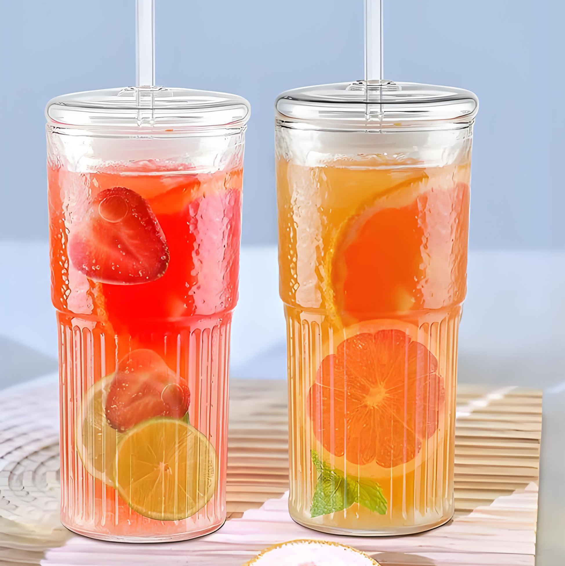 650ML Ribbed Glass Tumbler with Straw and Lid