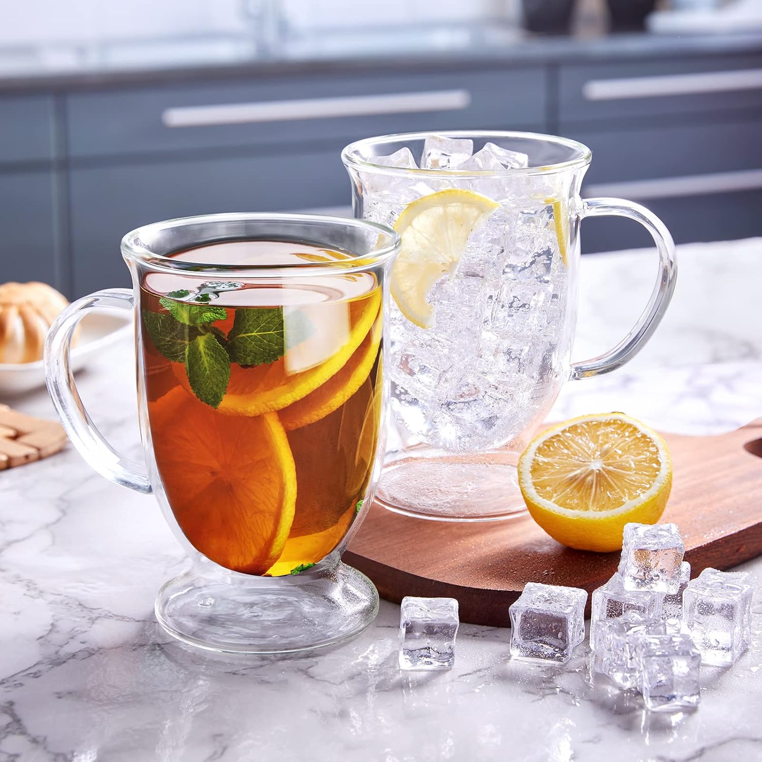 350ml Double Walled Glass Mug with Base and Handle