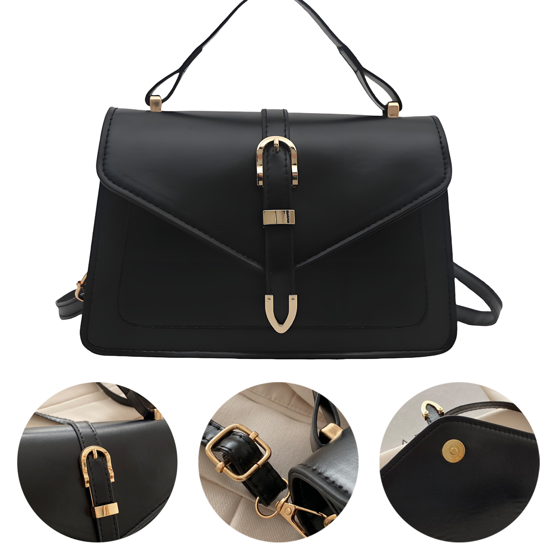 White Faux Leather Flap Shoulder Bag with Gold Buckle