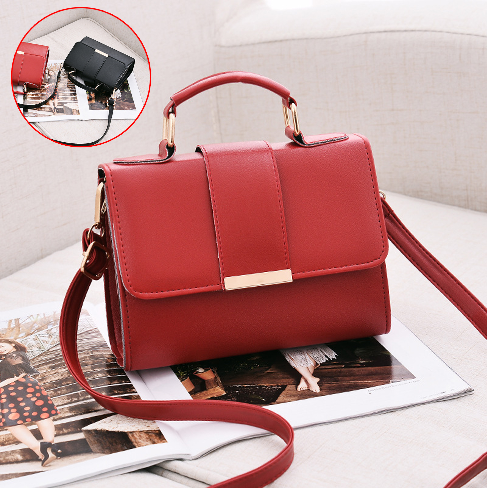 Black Leatherette Structured Satchel Handbag