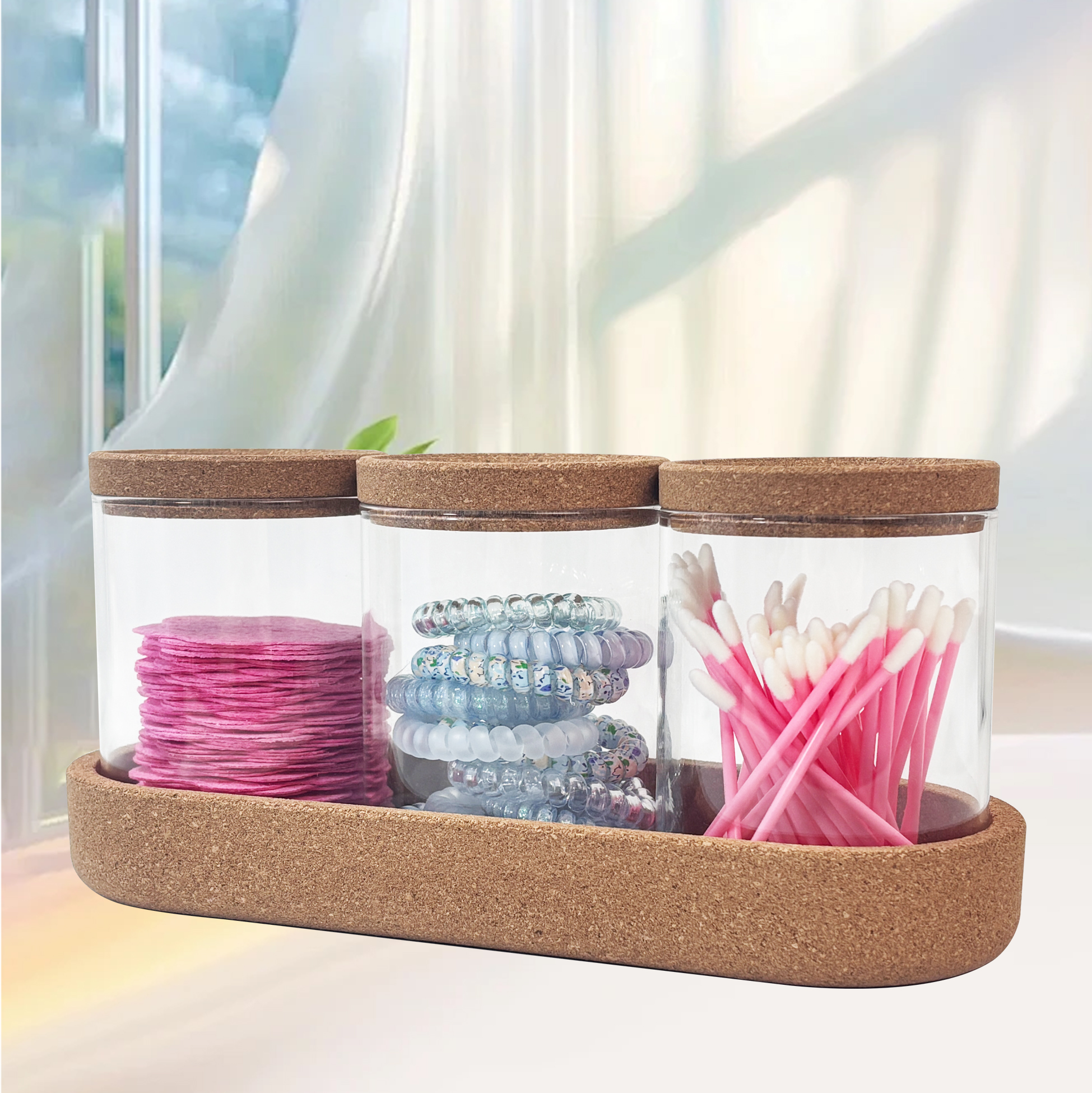 Glass Qtip Holder Vanity Storage Canister Set with Cork Lids